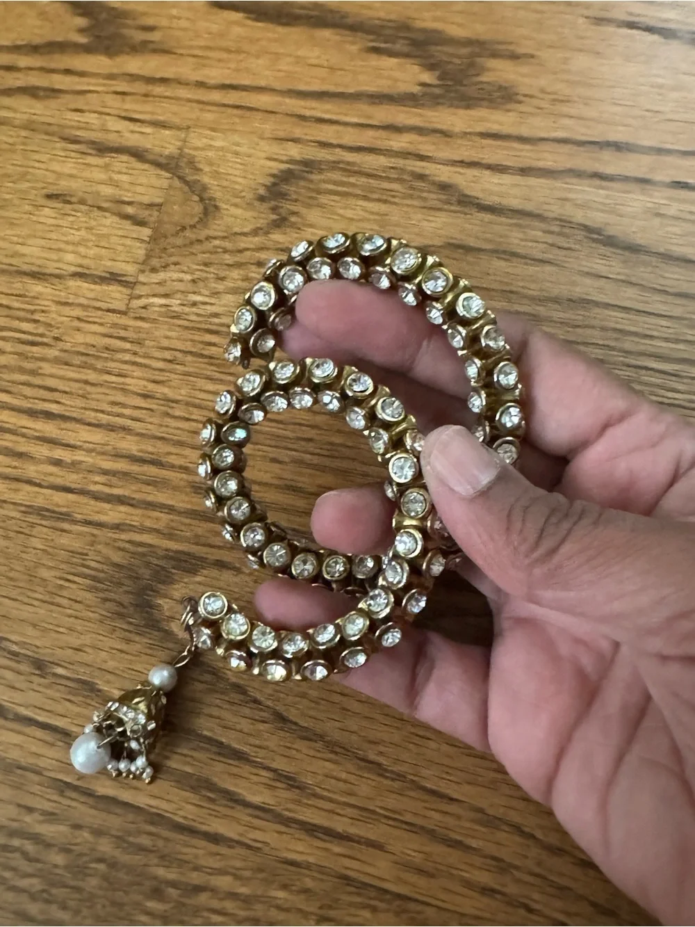 Gold and Crystal Kundan-Style Bangle with Pearl Dangle